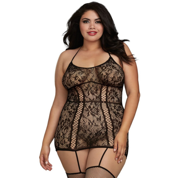 Combinaison grande taille en dentelle et lanières entrecroisées devant et derrière 